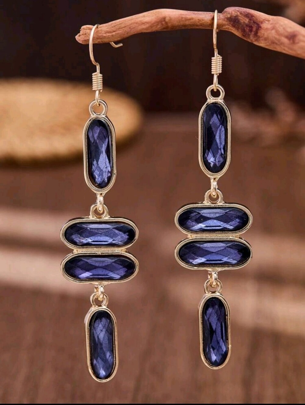 BRAND NEW ** Gold Drop Earrings with Deep Blue Faceted Stones - Picture 1 of 2